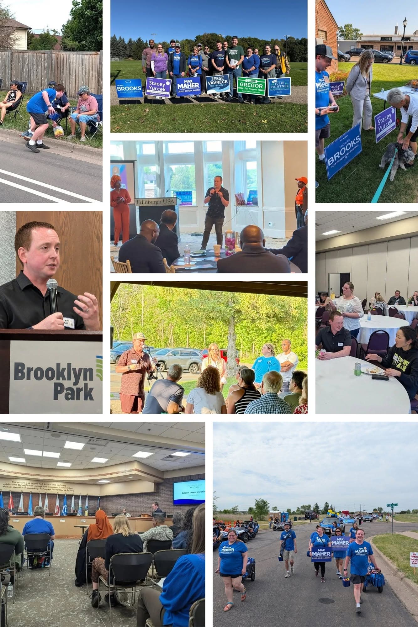 Photo collage of Max Maher speaking at community events, meeting voters, and walking in parades with campaign volunteers.