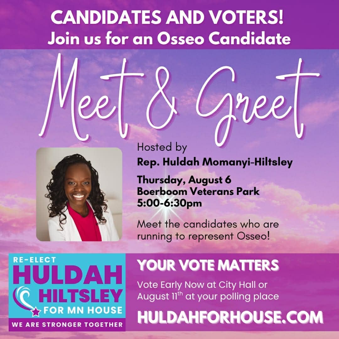 Volante del encuentro con candidatos de Osseo, que se realizará el jueves 6 de agosto de 5:00 a 6:30 p. m. en Boerboom Veterans Park y será organizado por la representante Huldah Momanyi-Hiltsley.